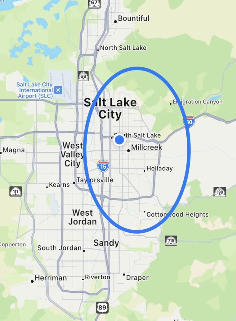 A map of Salt Lake City with an oval stretching over the region between Federal Heights down to Sandy