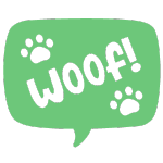 Green speech bubble saying "woof!"